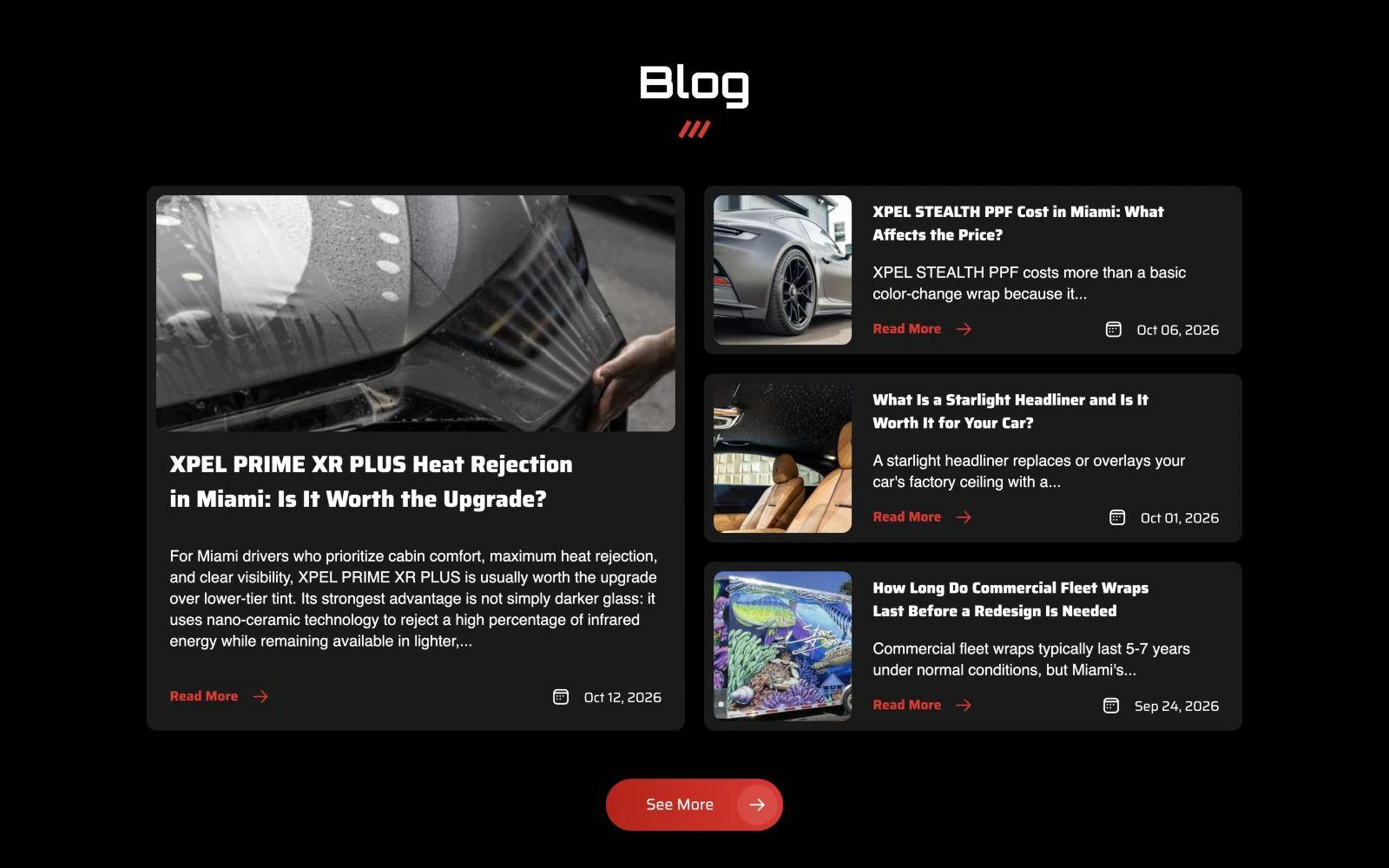 Blog section with featured and recent articles