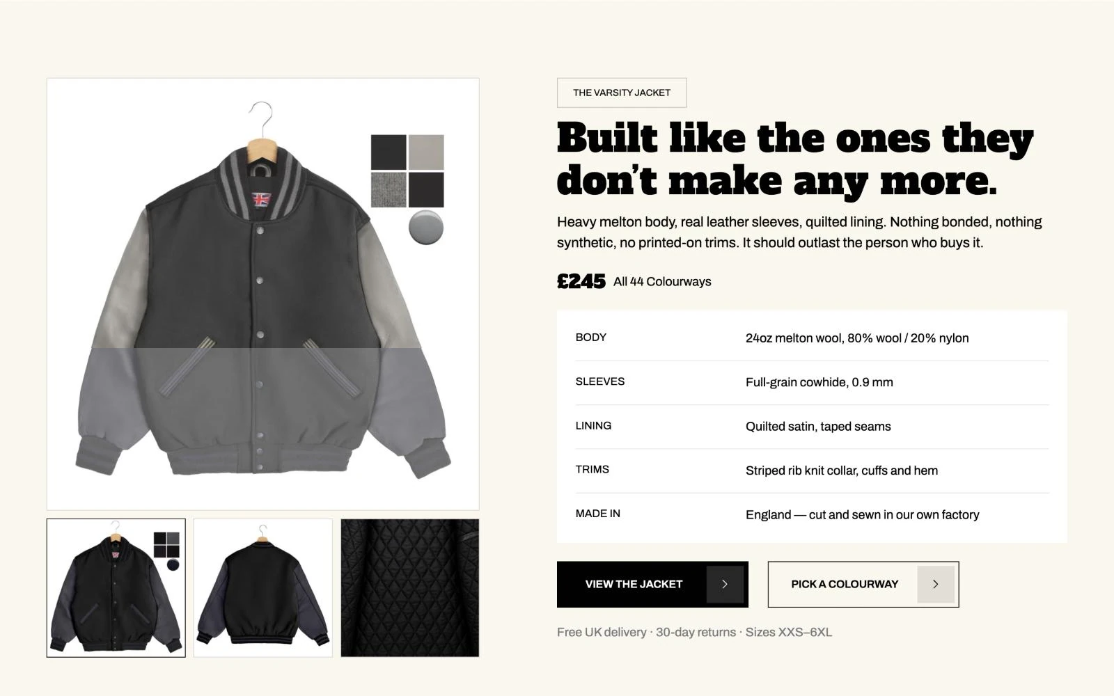 Featured varsity jacket with photo gallery and spec table