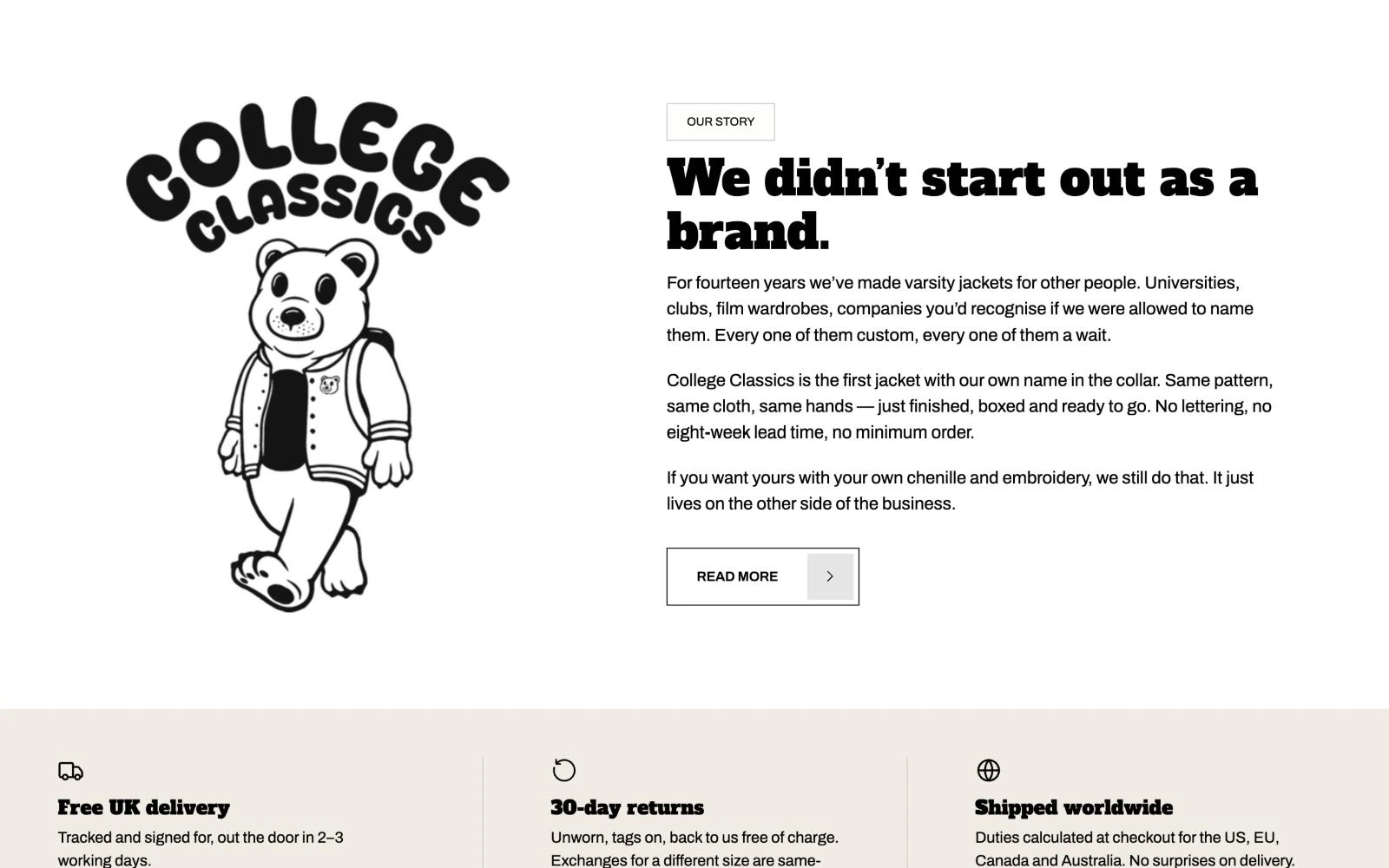 Our story section with the College Classics bear mascot