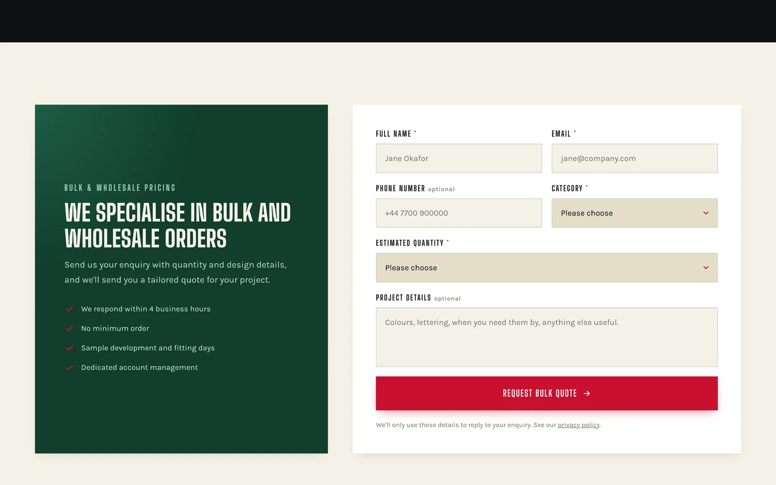 Bulk and wholesale pricing quote form