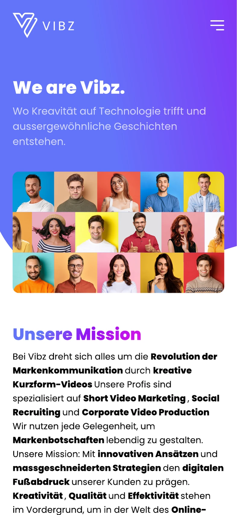 Vibz about page on mobile