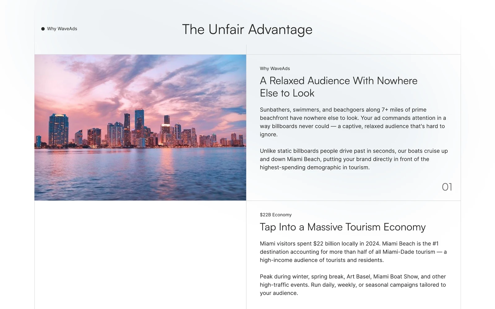 The Unfair Advantage section with Miami skyline